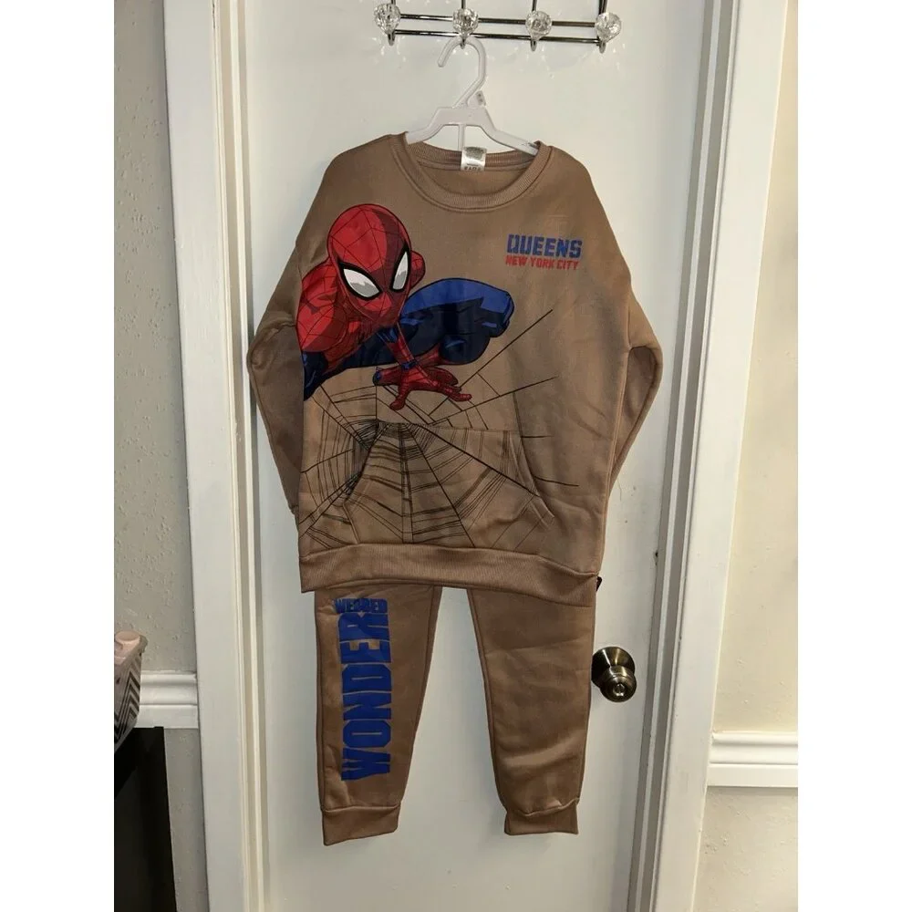 Spider Man Brown 2-Piece Casual Marvel Crew Neck Sweater& Jogger Set Size 10/12